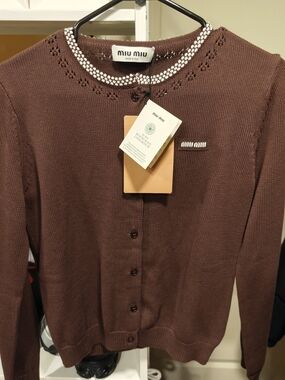 Miu Miu Brown Knit Cardigan with Crystal-Trim Collar